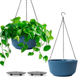 T4U 10-inch blue hanging planter outdoors for balcony plant displays.