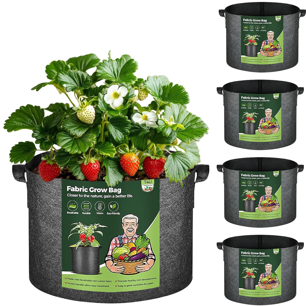 T4U 10-gallon grow bag with handles, front view for easy transport in gardens