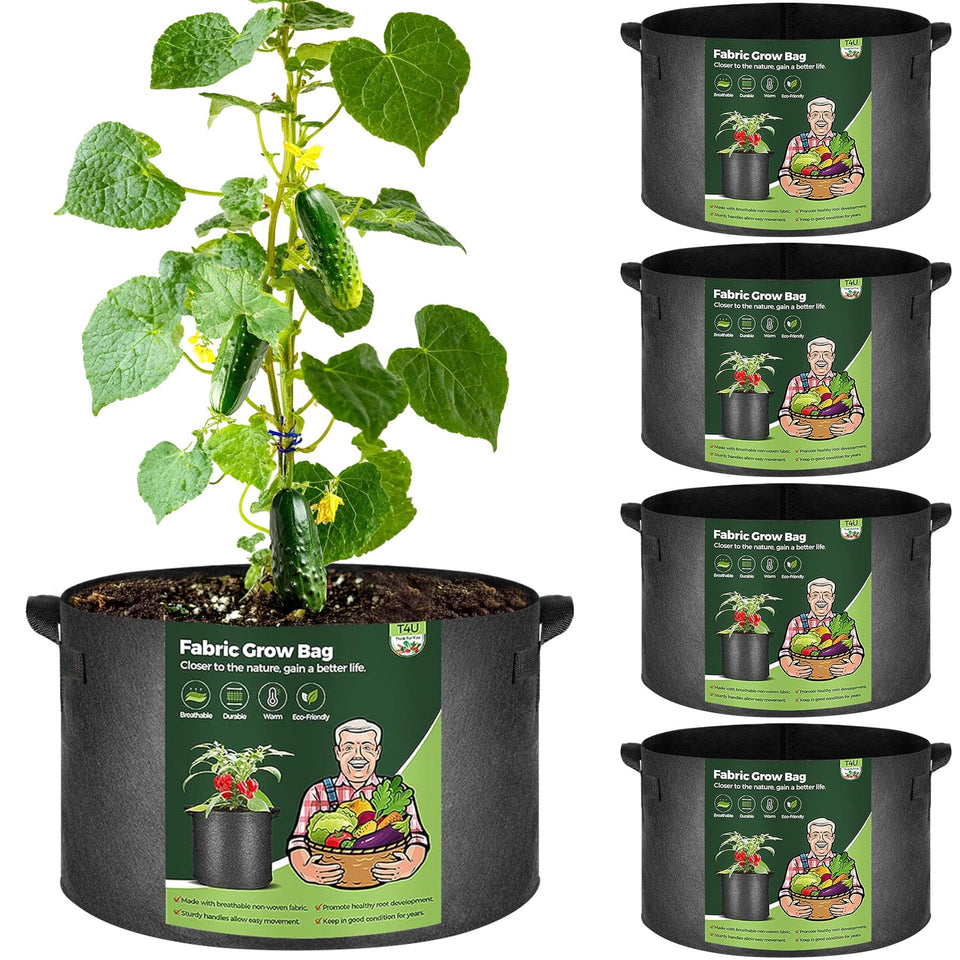 T4U 15-gallon grow bags in a five-pack ready for outdoor vegetable planting.