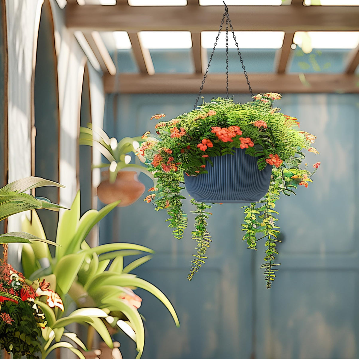 T4U 12-inch blue hanging planter for balcony garden
