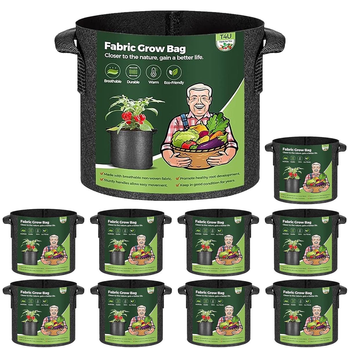 T4U 3 gallon grow bag with reinforced handles for easy lifting and transport