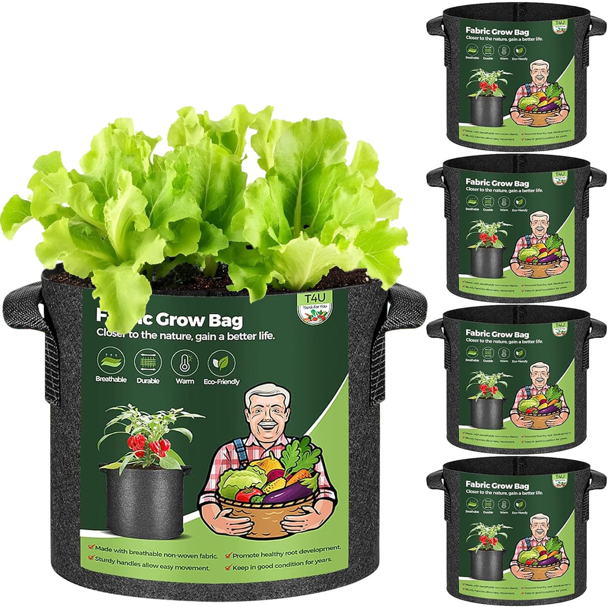 T4U 3-gallon grow bags with sturdy handles for easy transport.