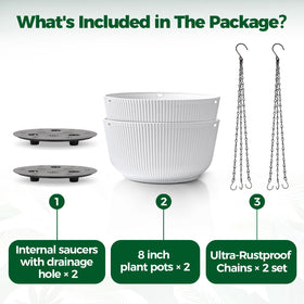 T4U 8-inch white planters shown for hanging or tabletop use