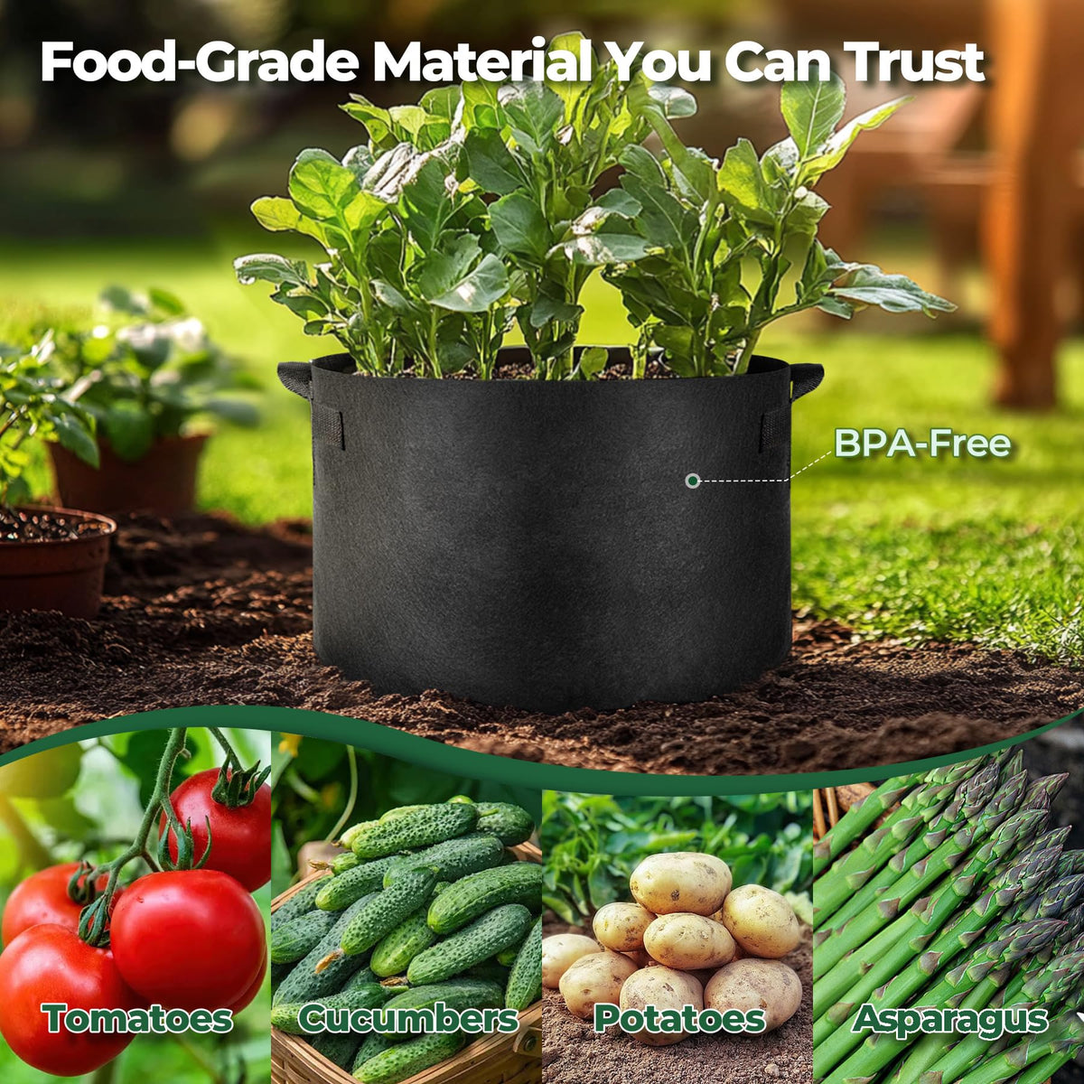 T4U grow bags with reinforced handles ready for easy transport and lifting.