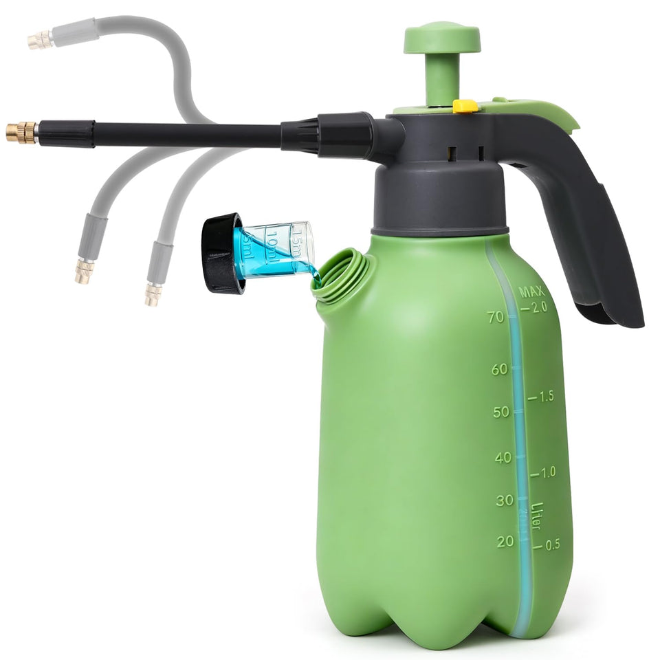 T4U half-gallon pump sprayer with flexible nozzle for reaching hanging baskets and leaf undersides