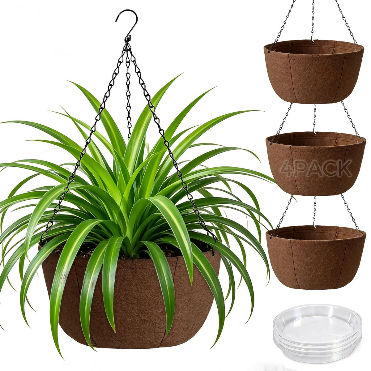 T4U hanging planters in brown fabric for outdoor use and greenery.