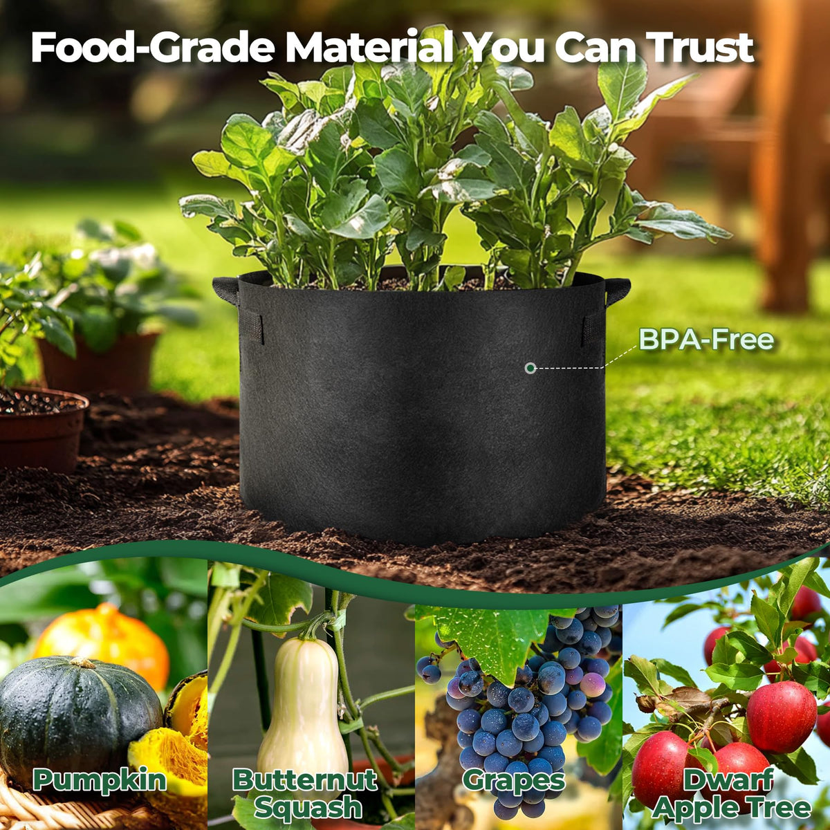 T4U grow bag with reinforced handles ready to lift up to 180 lbs.