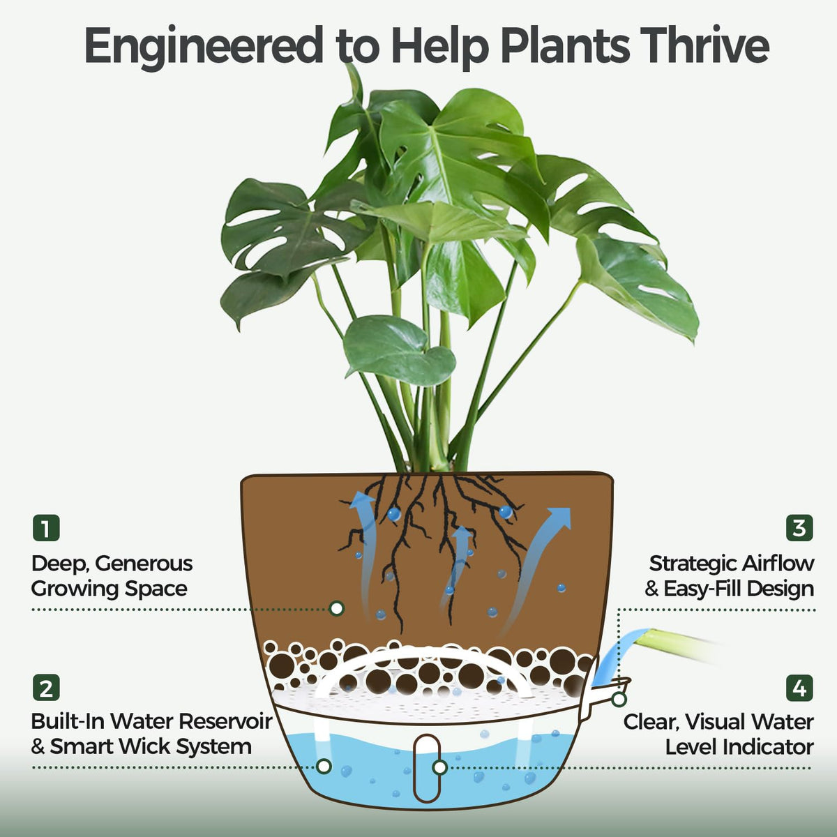 T4U self-watering pot made from UV-proof PP plastic resists sun and weather.