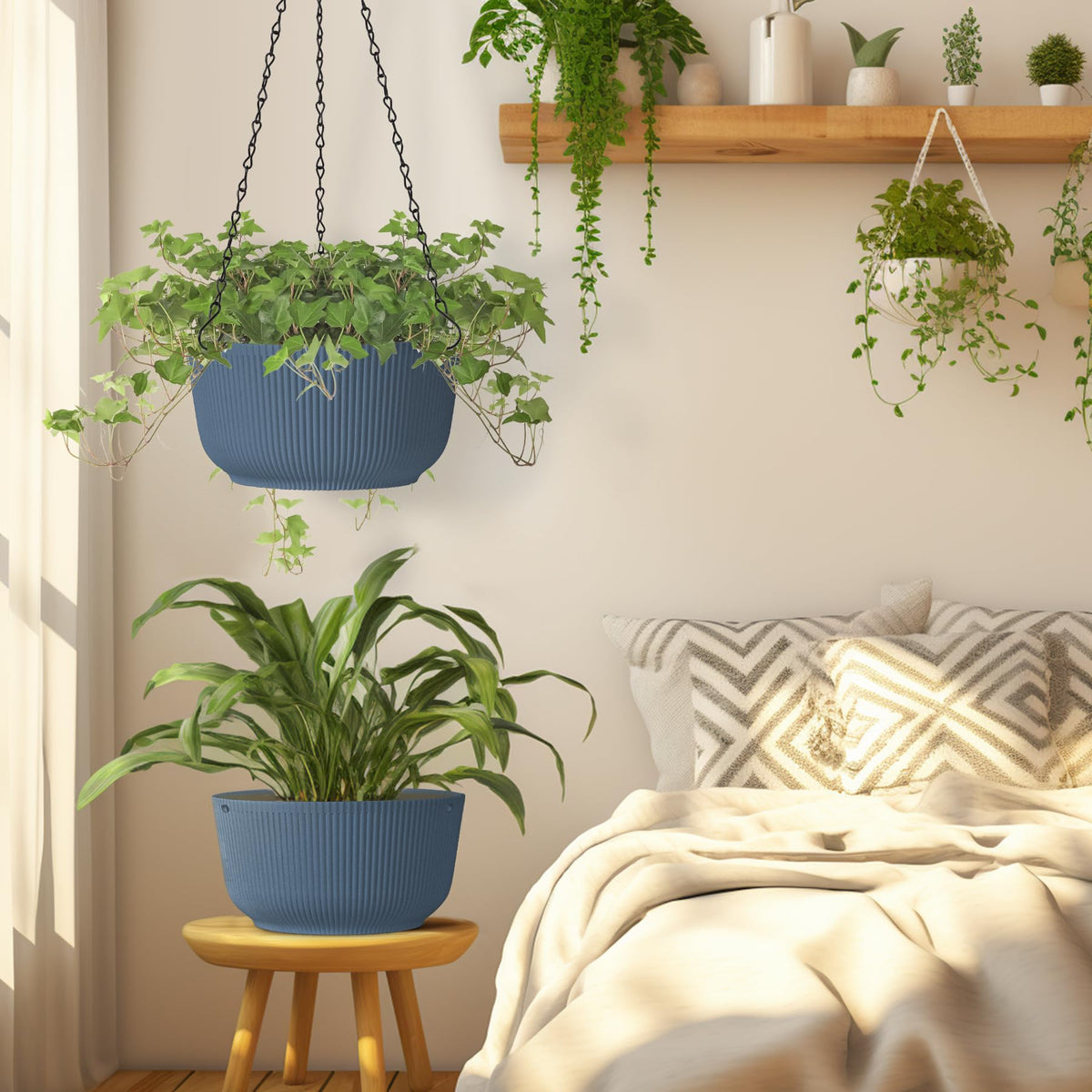 T4U versatile blue hanging planter set for spiders ivy and ferns.