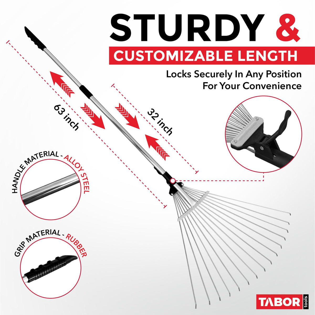 TABOR TOOLS telescopic-handle rake enabling comfortable reach for high leaves