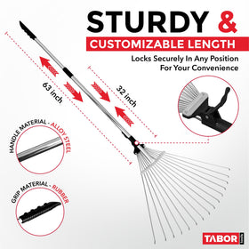 TABOR TOOLS telescopic-handle rake enabling comfortable reach for high leaves