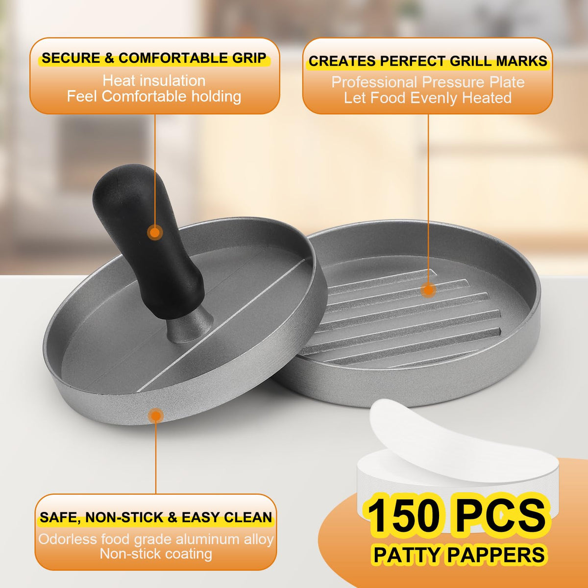 TACGEA non-stick surface for smooth patty release.