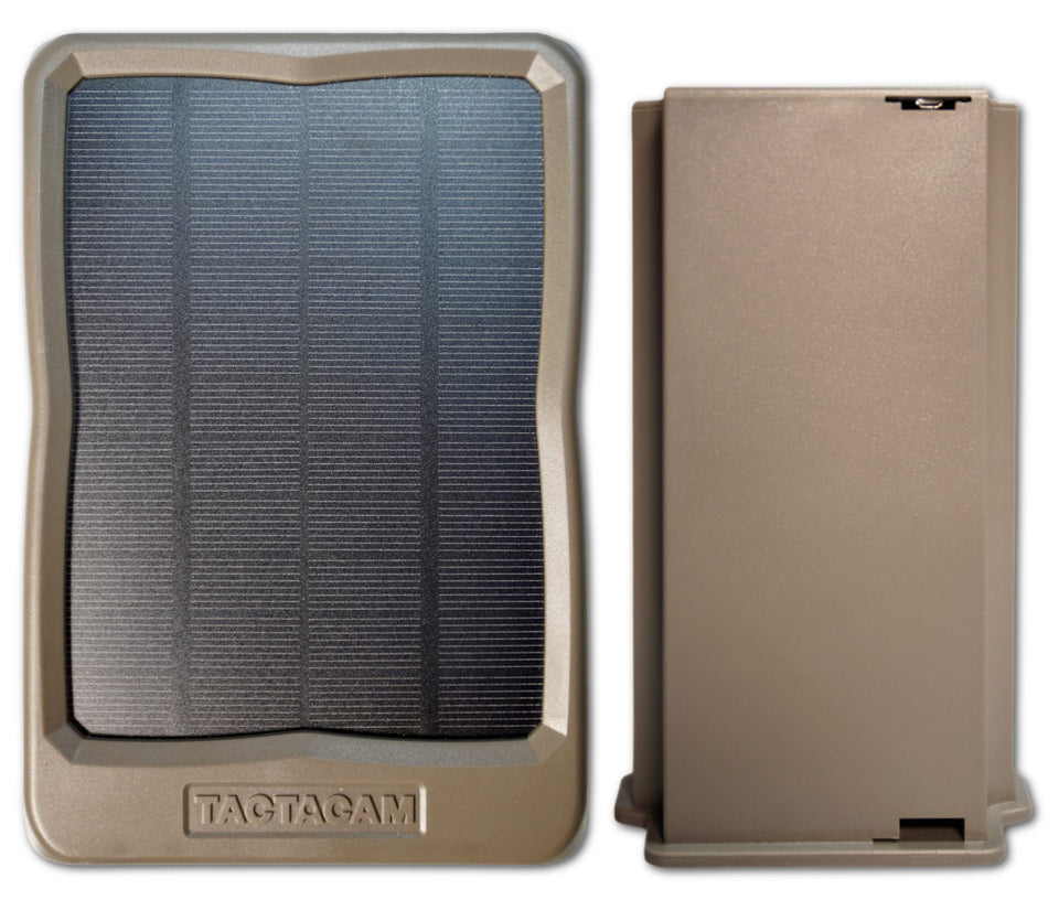 TACTACAM Reveal solar panel exterior front shows compact, weather-resistant design for off-grid use.