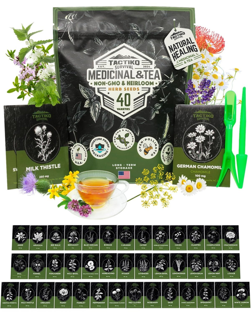 Tactiko Survival 40-herb seed variety pack for versatile indoor or outdoor gardening.