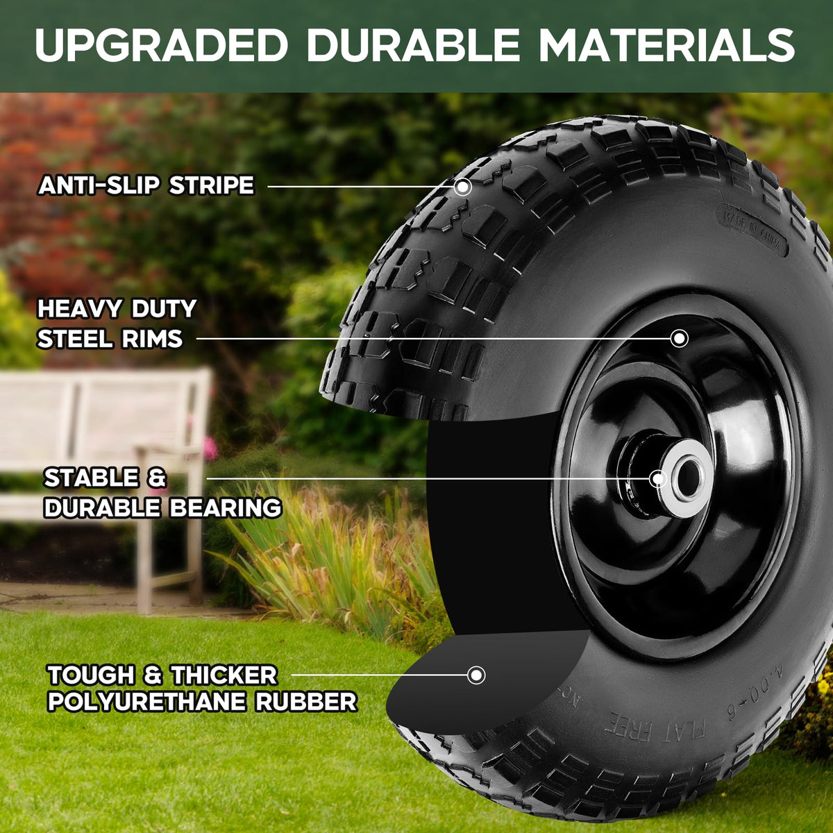Taifa solid tire hub detail highlighting strong 5/8in axle bore compatibility