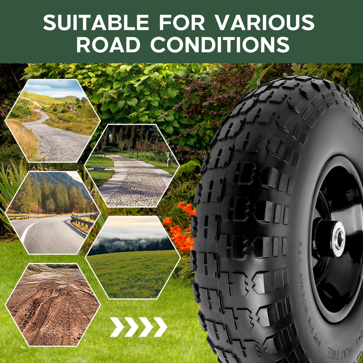 Taifa solid tire mounted on a wheelbarrow in outdoor setting for reliability