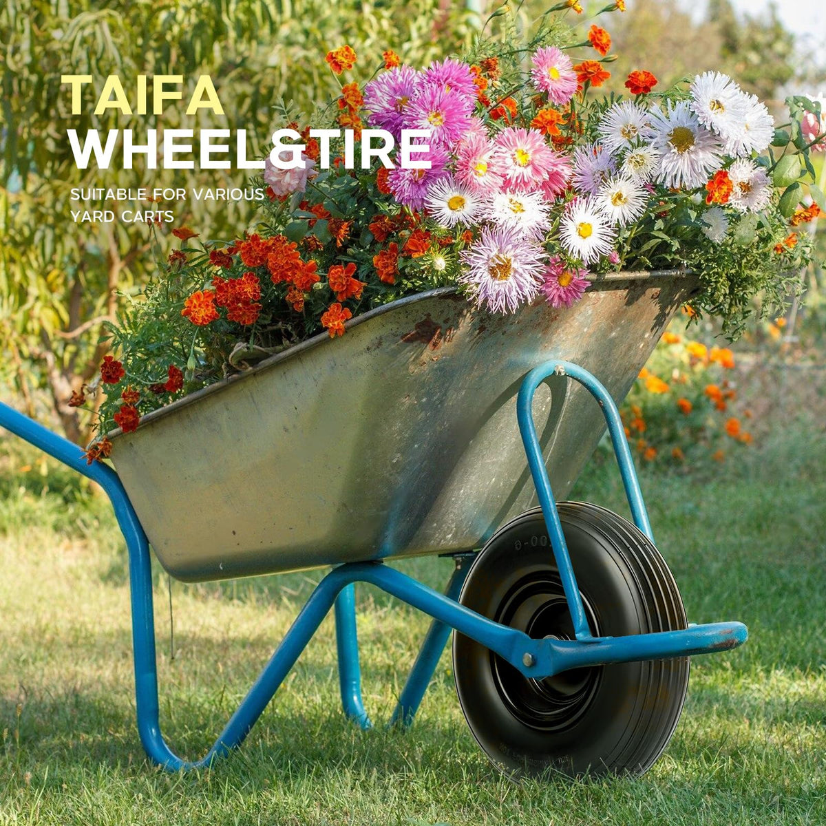 Taifa garden cart wheel ideal for wheelbarrows and wagons.