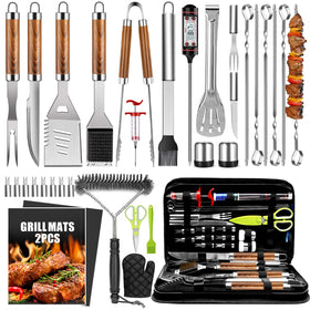 Taimasi 34pc grill accessories set with tongs and spatula for efficient backyard grilling.