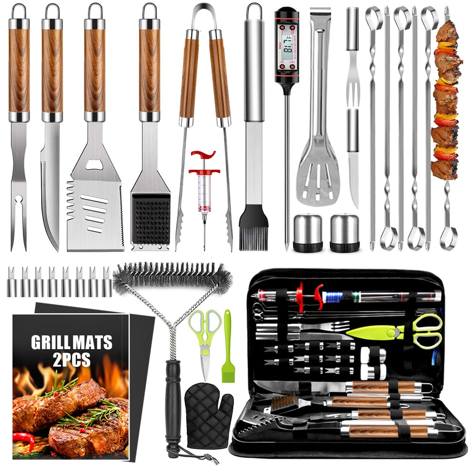 Taimasi 34pc grill accessories set with tongs and spatula for efficient backyard grilling.