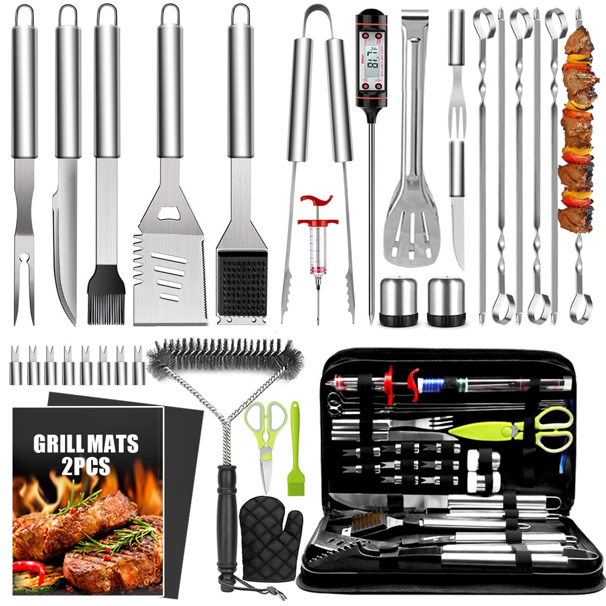 Taimasi 34-piece grill set with thermometer for precise cooking.