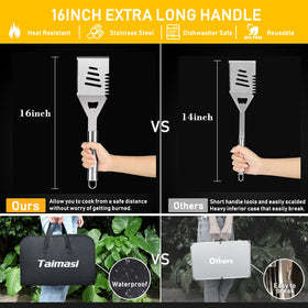 Taimasi stainless steel long-handled tools prevent burns during grilling.