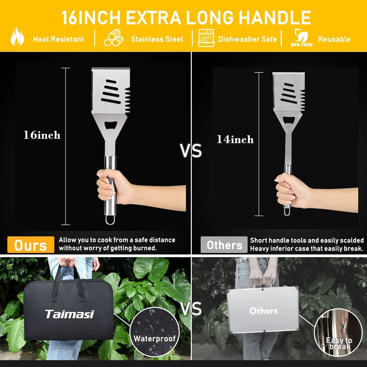 Taimasi heavy-duty stainless steel grill tools providing lasting durability and safer cooking.
