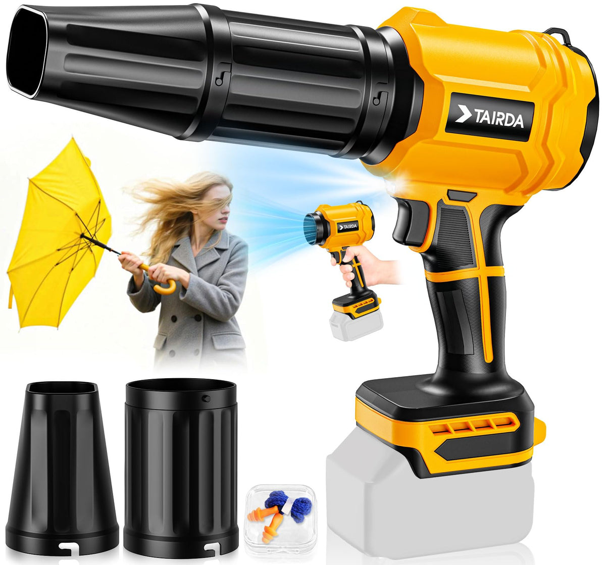 TAIRDA cordless blower body showing compact one-handed design