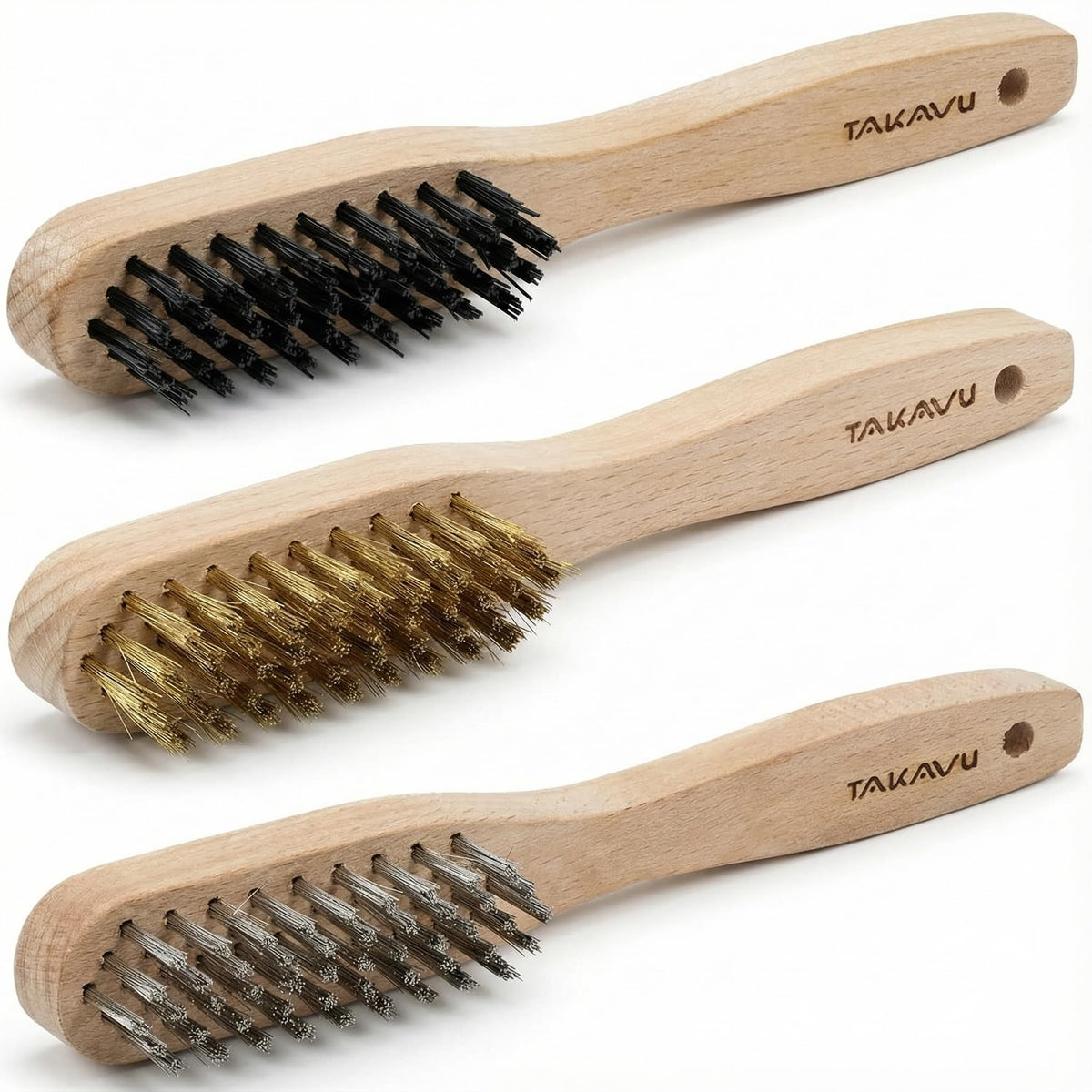 TAKAVU 3pc small wire brush set with wood handles for versatile cleaning and surface prep