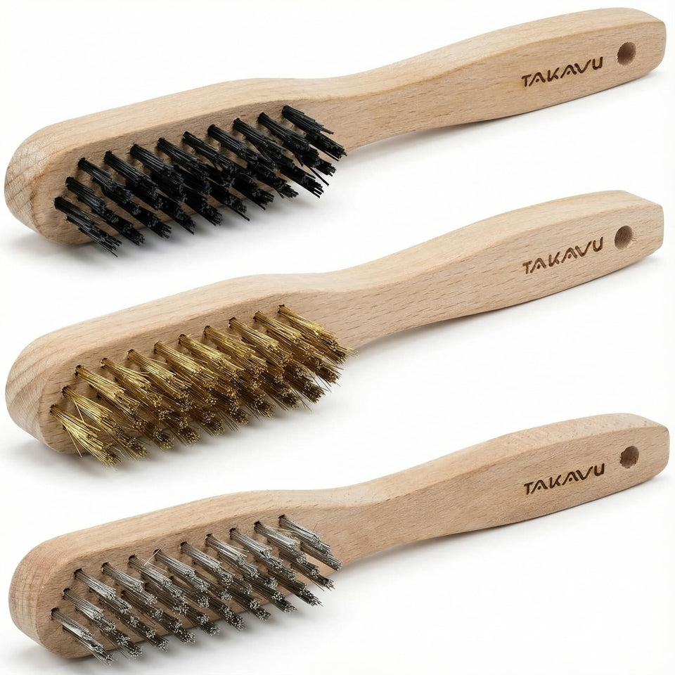 TAKAVU 3pc small wire brush set with wood handles for versatile cleaning and surface prep
