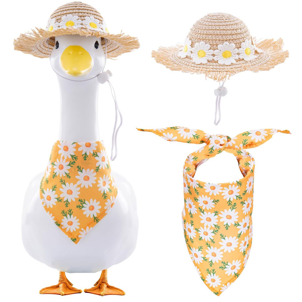 Takealooko Daisy straw hat on porch goose statue adds playful charm for outdoor displays.