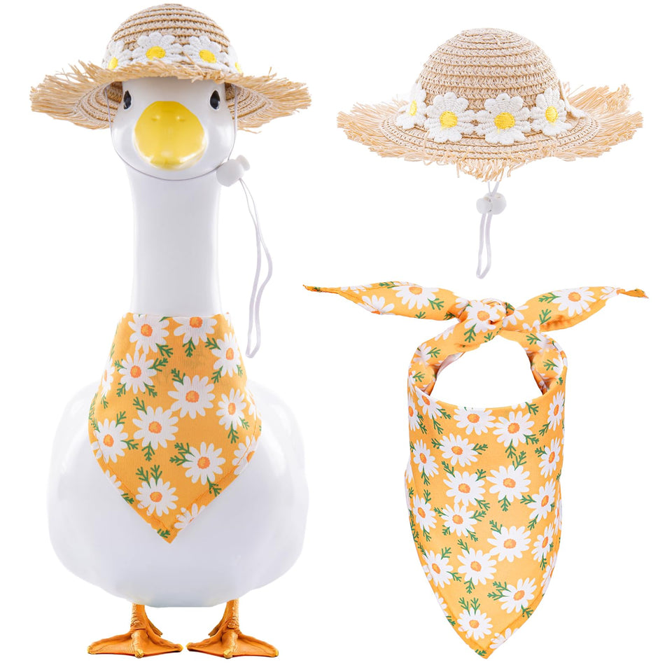 Takealooko Daisy straw hat on porch goose statue adds playful charm for outdoor displays.