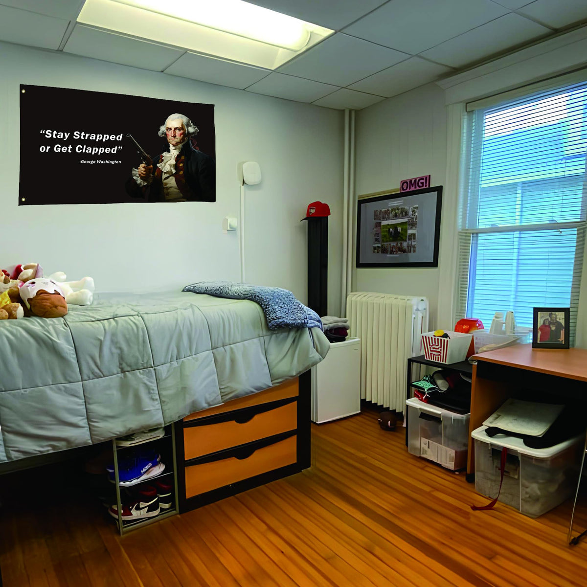 TAKurPIK Stay Strapped flag ideal for dorms, mancaves, and offices.