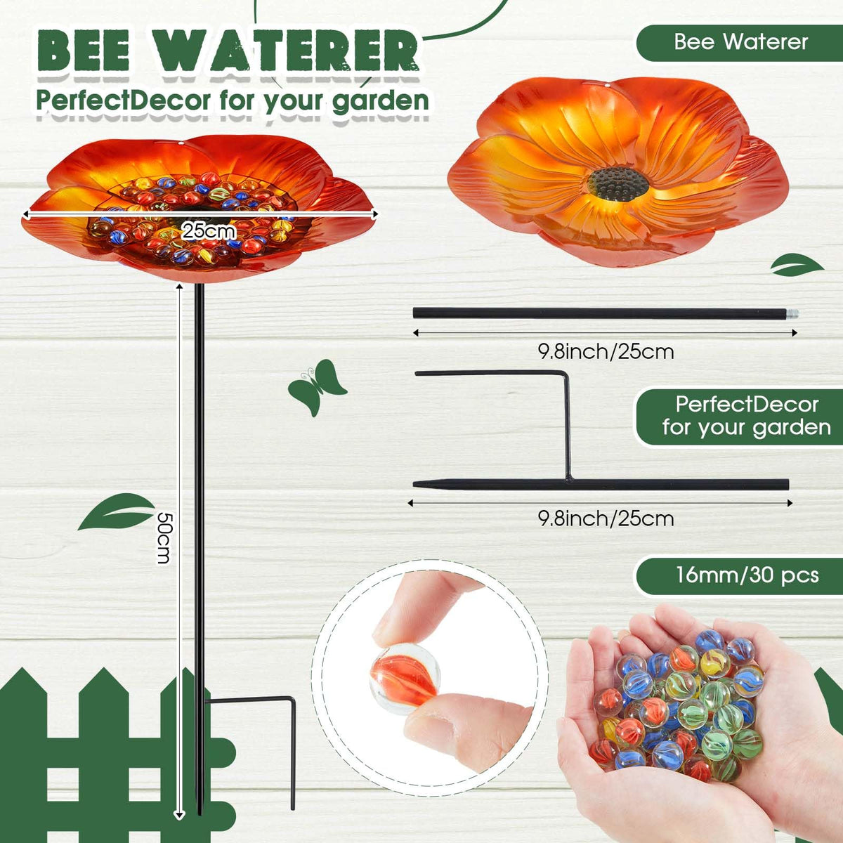 Thirty glass marbles aiding safe resting spots for pollinators during sipping