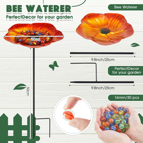 Thirty glass marbles aiding safe resting spots for pollinators during sipping