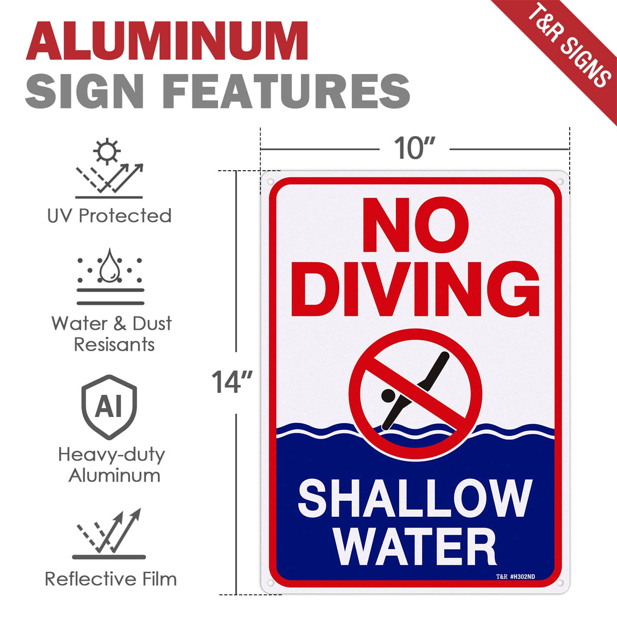 T&R No Diving Sign with reflective coating for nighttime visibility