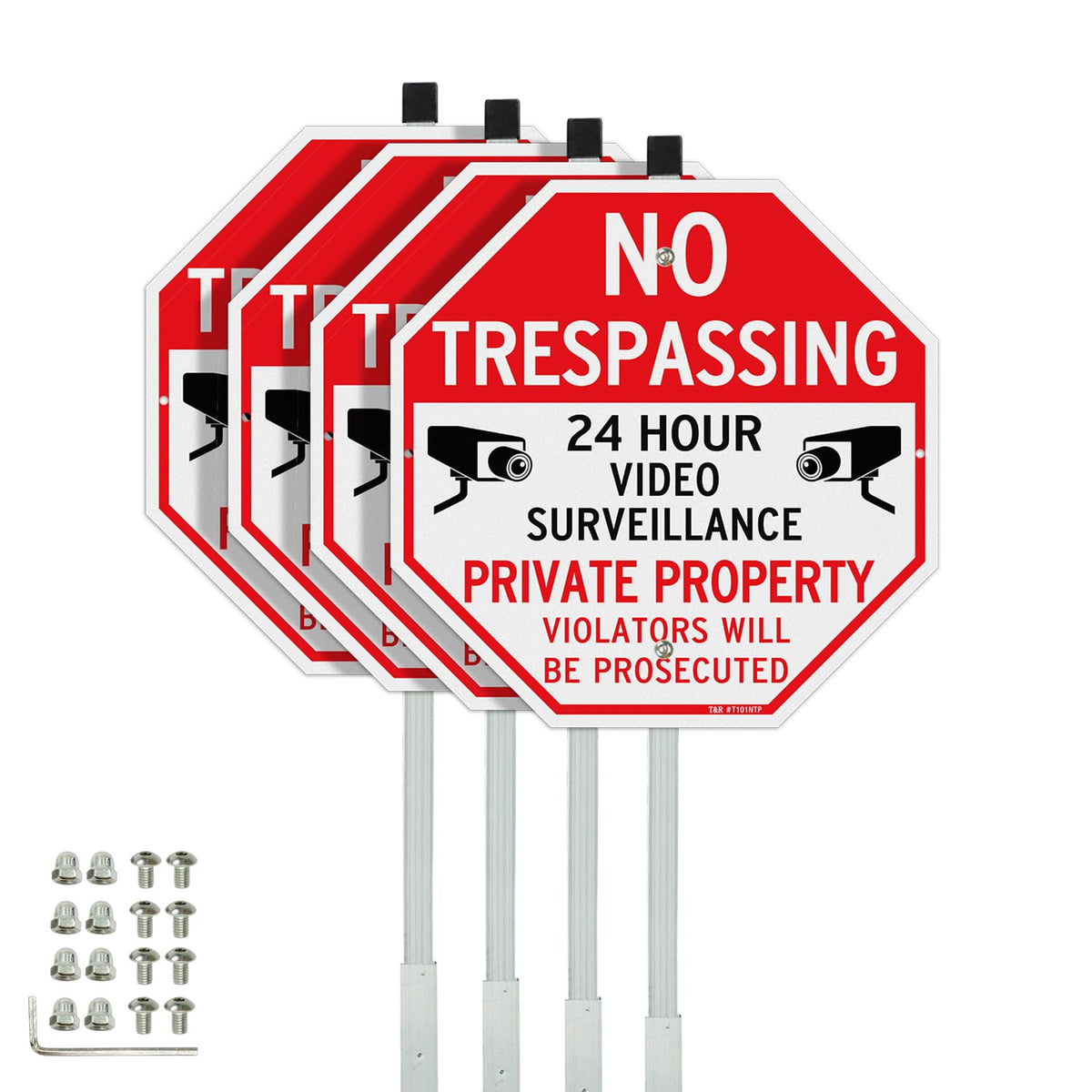 T&R no trespassing sign on 36-inch stake for outdoor deterrence