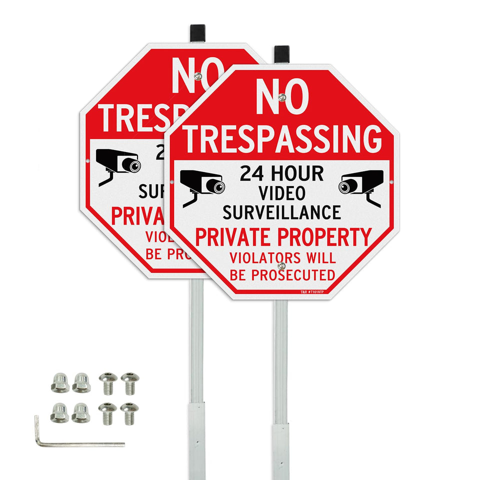 T&R No Trespassing sign with video surveillance and 36-inch stake for outdoor deterrence.