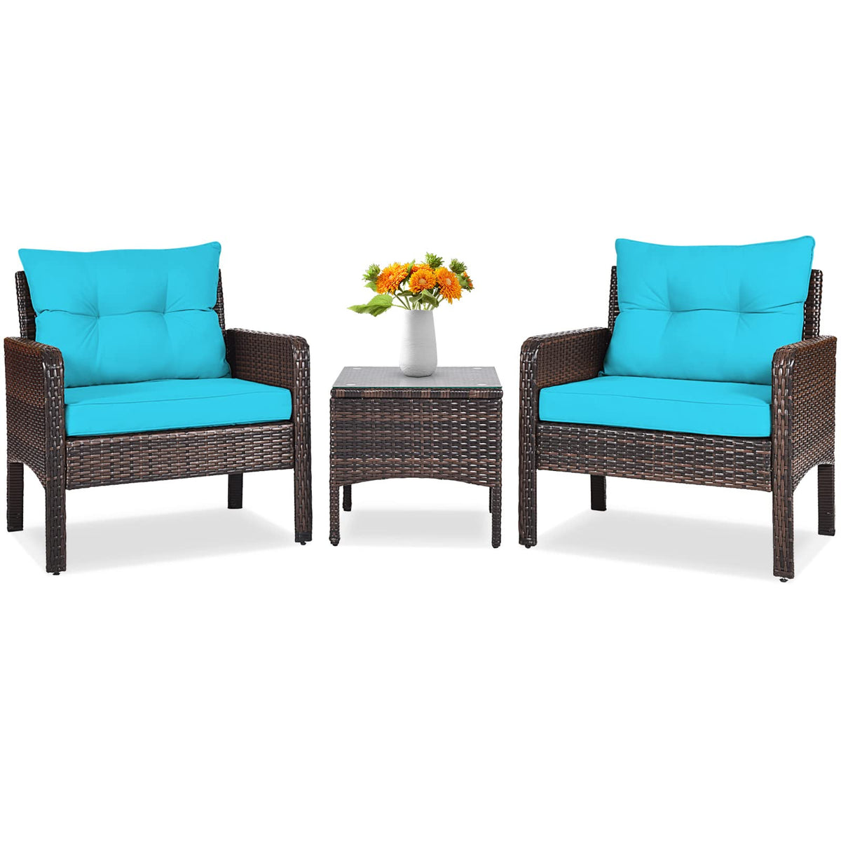 Tangkula 3-piece wicker chairs turquoise left view for durable outdoor seating