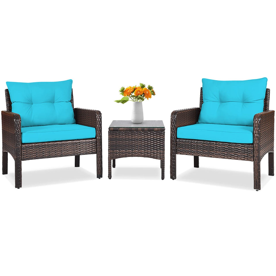 Tangkula 3-piece wicker chairs turquoise left view for durable outdoor seating
