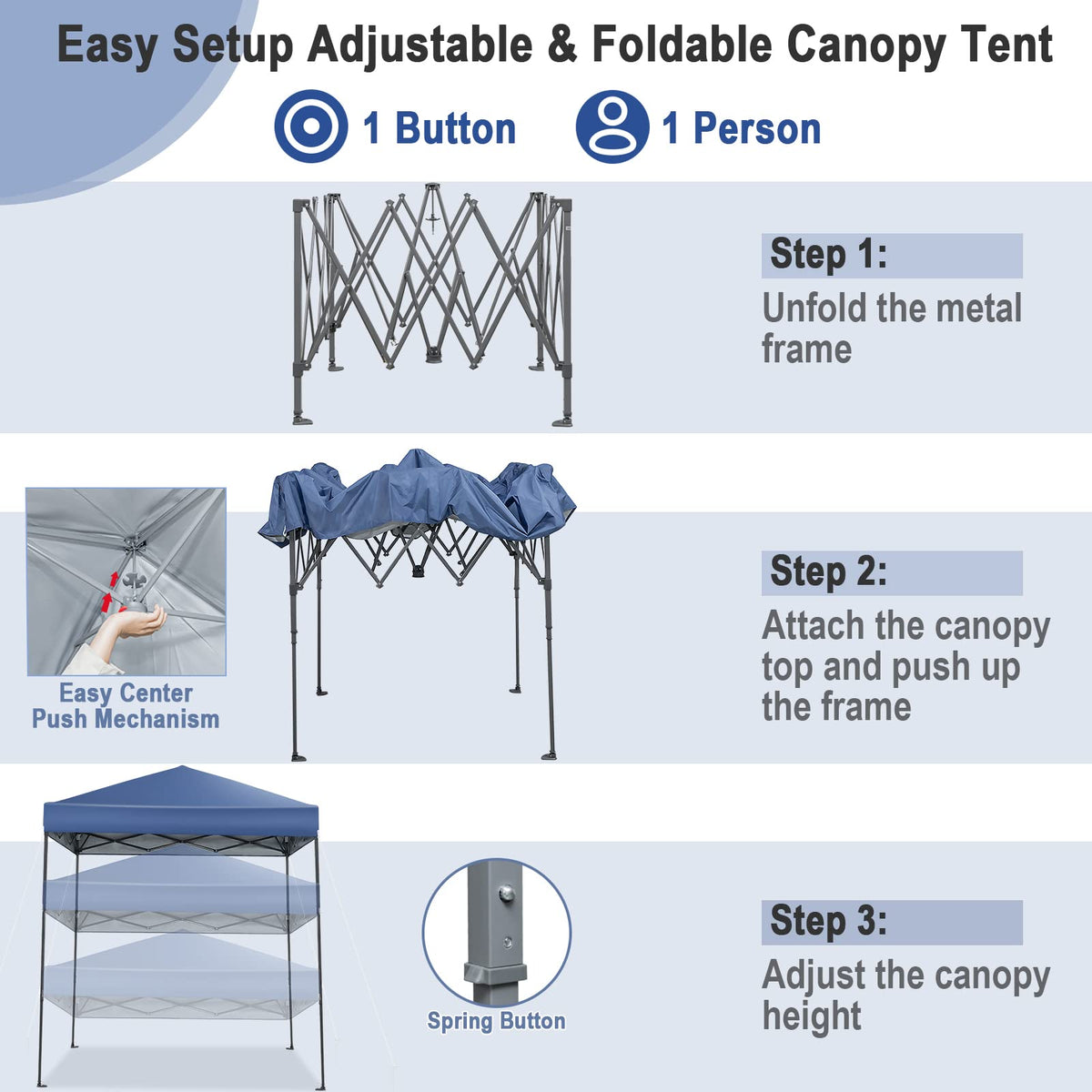 Tangkula canopy shows three height adjustments for comfort.