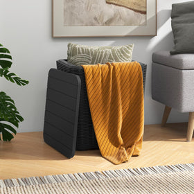 Tangkula deck box with faux rattan texture adds style to outdoor storage.