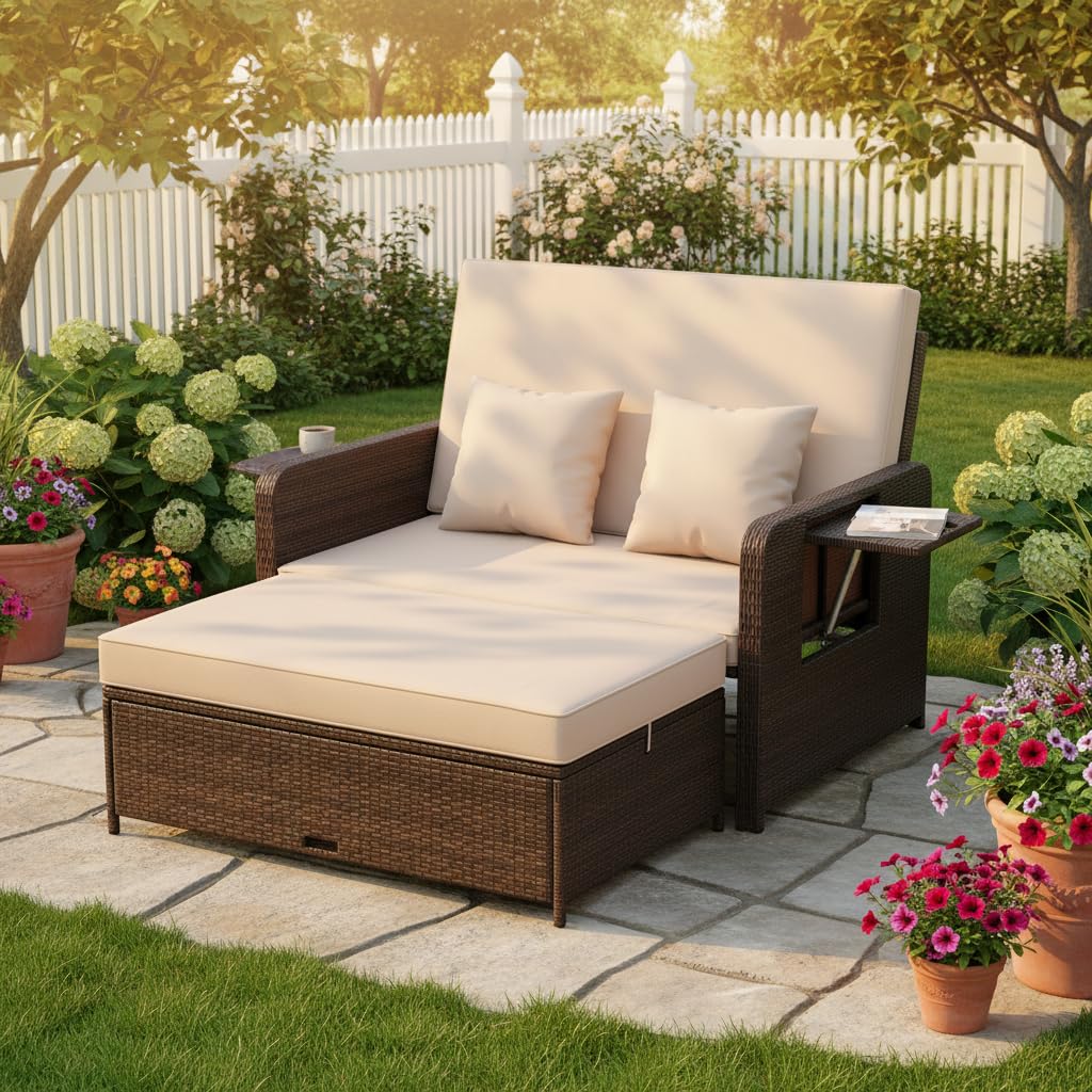 Tangkula outdoor loveseat with storage ottoman maintains cushions dry and organized