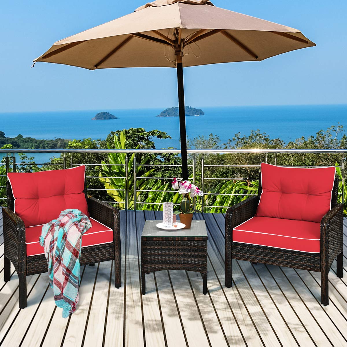 Tangkula glass top coffee table complements wicker set with durable surface.