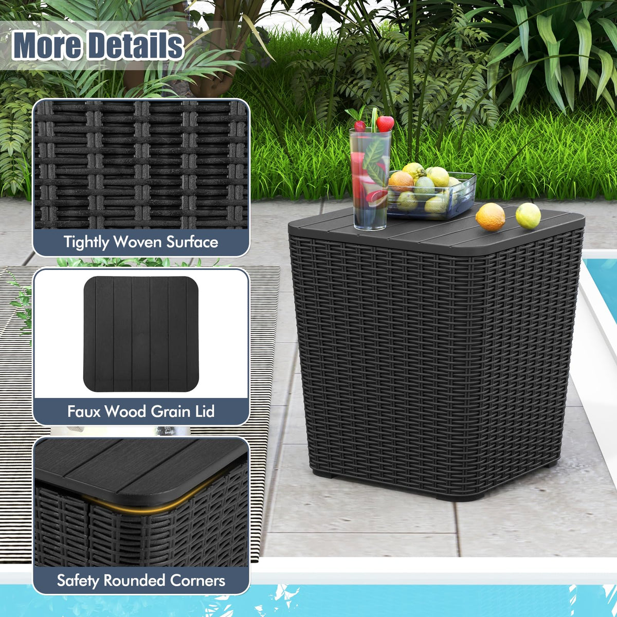 Tangkula polyresin all-weather material resists fading outdoors.