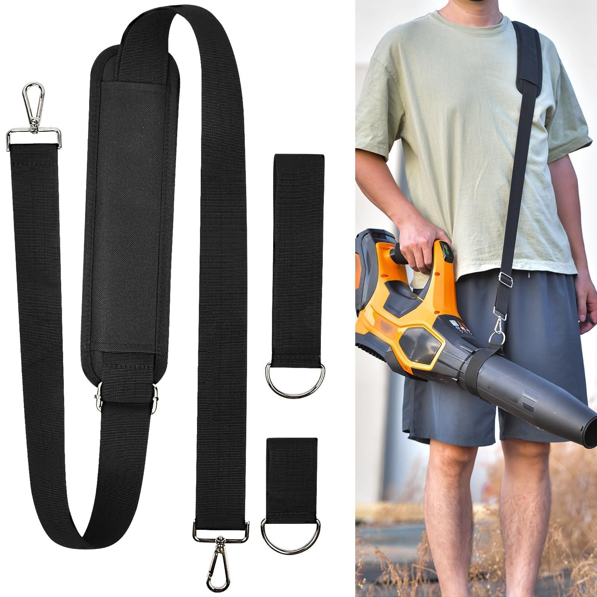 Tanmqin universal shoulder strap for leaf blower shows model compatibility for steady operation