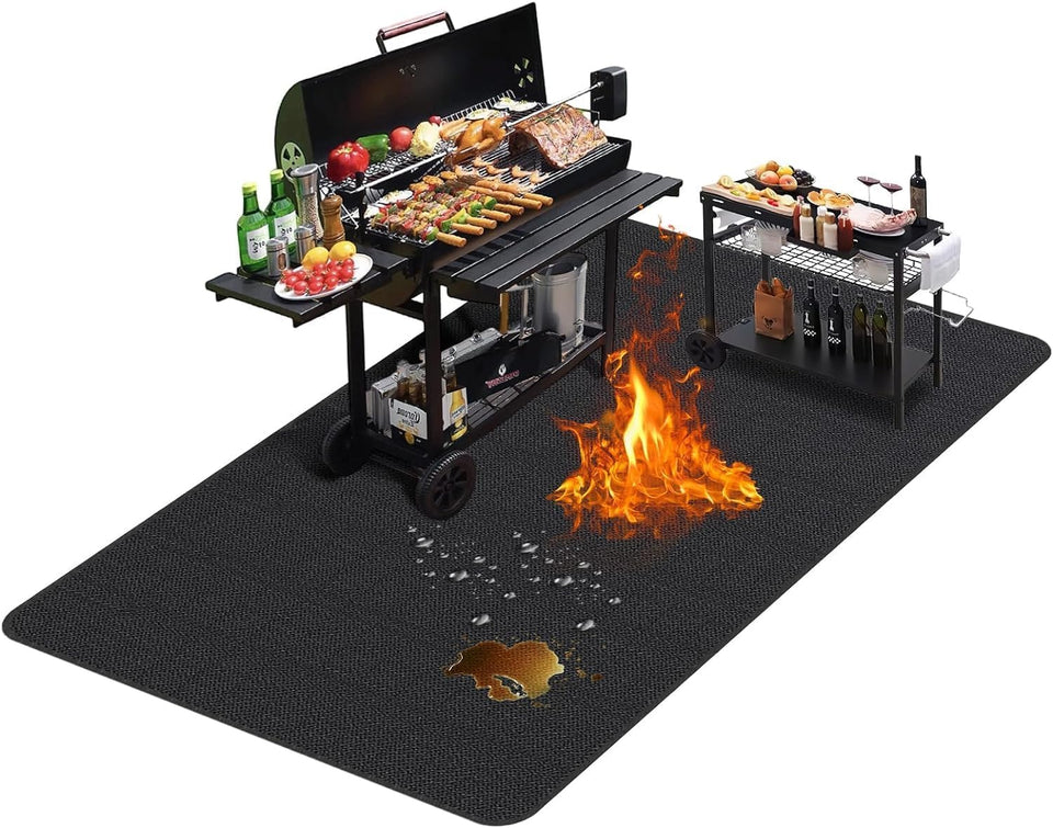 TAOMAND grill mat 60x40 under grill protecting outdoor surfaces from embers and spills.