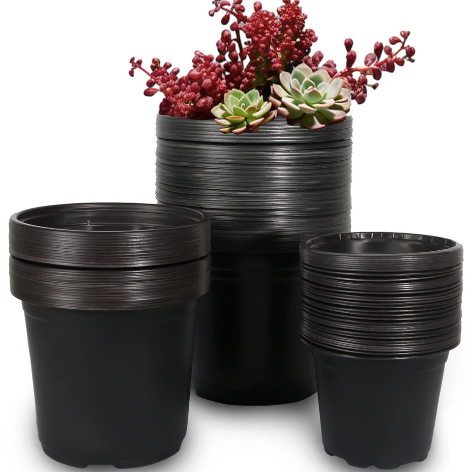 TAQIXI 100-pack plastic nursery pots in four to six inches for seedling starters.