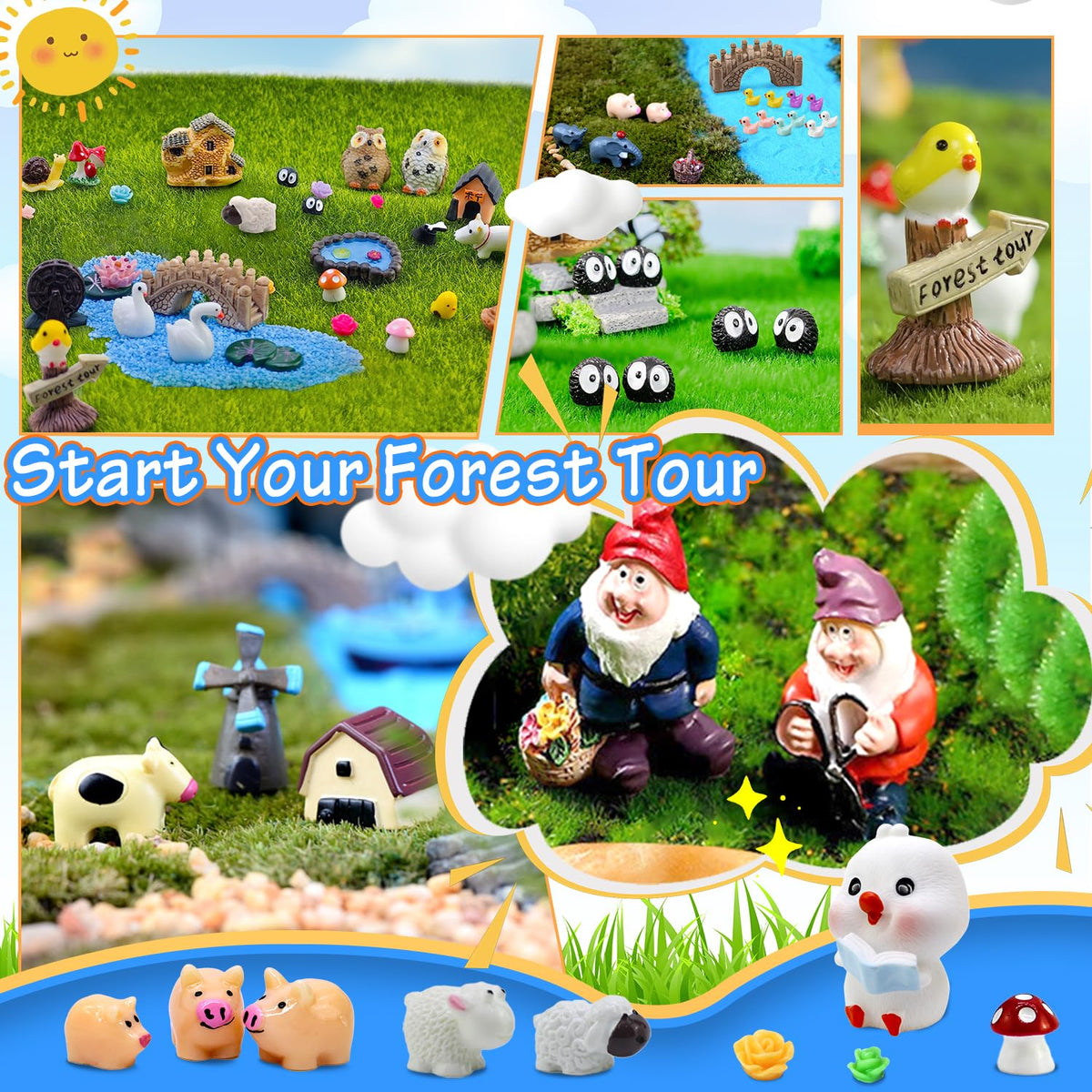 Tardigrade miniature gnome figurines variety enhances tiny landscapes and terrariums