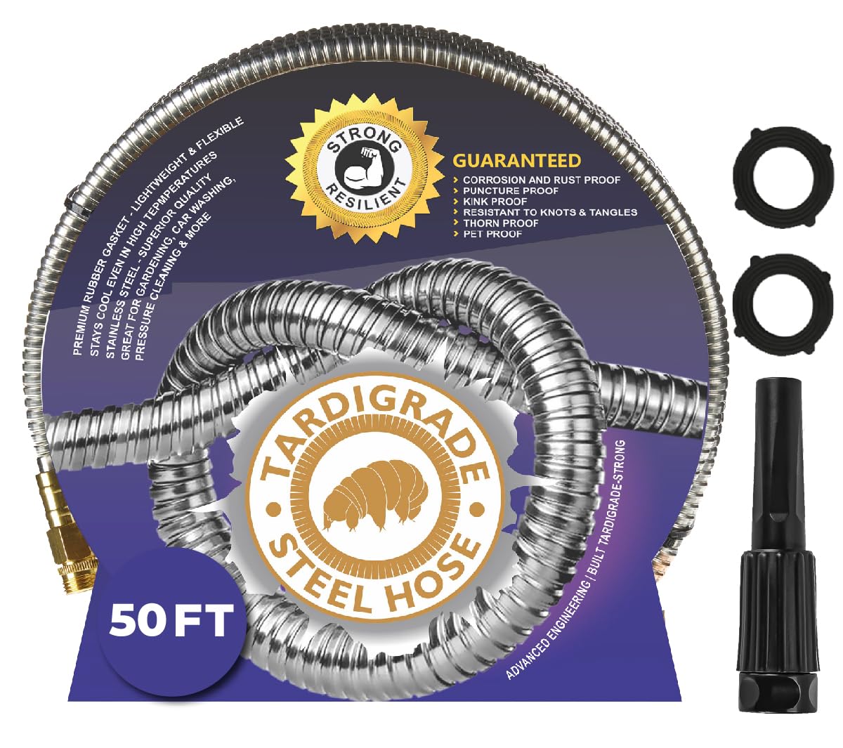Tardigrade Steel Hose 50ft, coiled, easy storage and efficient watering.