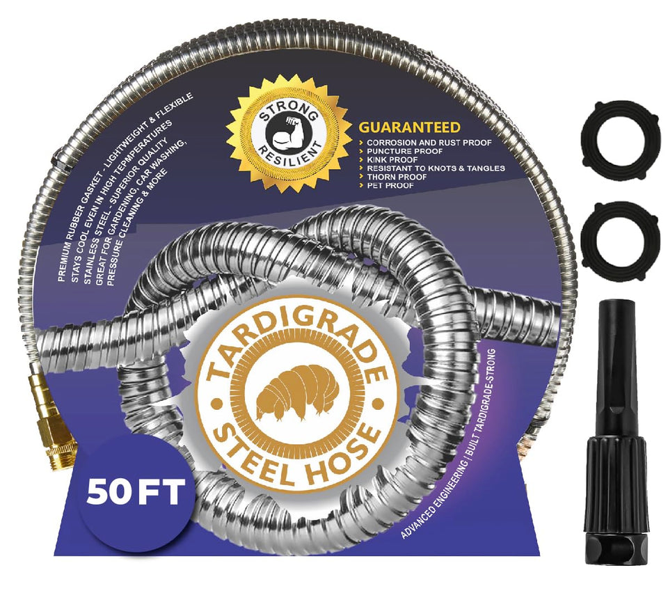 Tardigrade Steel Hose 50ft, coiled, easy storage and efficient watering.